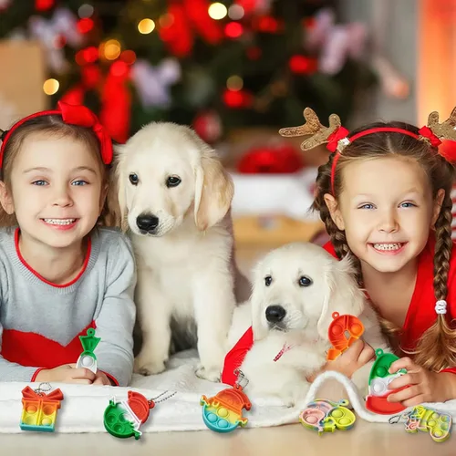 Vista 7 de AMUHUA Recuerdos de fiesta de Navidad para niños – Paquete de 24 mini llaveros Pop Fidget con tarjetas de regalo para niños pequeños, regalos