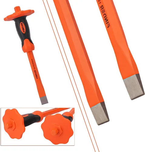 Vista 3 de 2 cinceles planos resistentes, cincel de cabeza plana CR-V de acero cromo-vanadio de 12 pulgadas con mango ABS + TPR y protección de mano