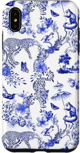Vista 11 de French Blue Toile Chinoiserie with Flowers, Monkey, Leopards Case for iPhone 17
