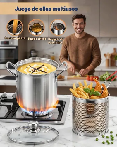 Vista 6 de Freidora de acero inoxidable de 3.2 cuartos de galón con cesta y tapa, sartén profunda multifuncional con colador para cocinar en casa
