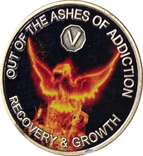 Vista 4 de 5 años Color de las cenizas de la adicción Phoenix Flames Sobriety Chip AA NA Medallion