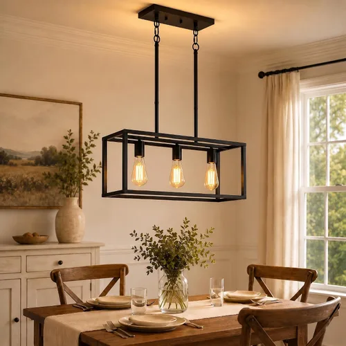Vista 2 de Iluminación negra para isla de cocina, moderna lámpara rectangular de jaula lineal, 3 luces, lámpara colgante de metal industrial para granja