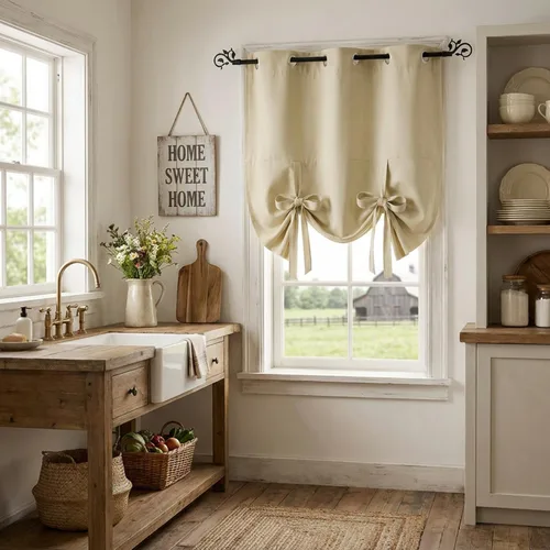 Vista 2 de Pony Dance Cenefa Enrollable Beige - Cenefa de Ventana para Cocina Cortina Enrollable con Ojales para Decoración del Hogar Cenefa Ajustable, 42''An