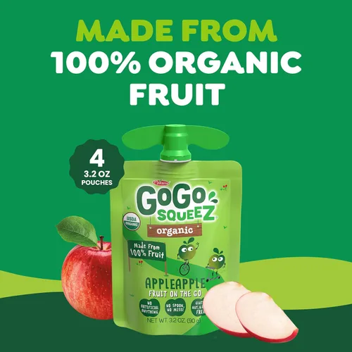 Vista 4 de GoGo squeeZ Puré de manzana orgánico y puré de fruta, manzana manzana, 3.2 oz (paquete de 4), bocadillos de fruta orgánicos sin azúcar para niños