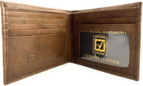 Vista 2 de Nueva piedra montaña para hombre monedero genuino TAN cuero RFID Passcase Bifold