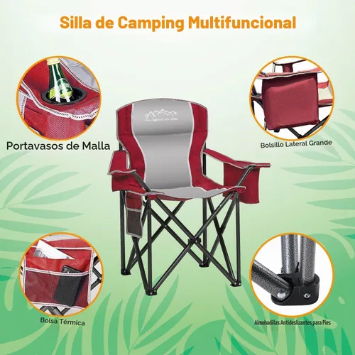 Vista 4 de 2 sillas plegables para camping, portátil, para exteriores, resistentes, acolchadas, silla de césped con soporte para tazas, bolsillo de Rojo-algodón