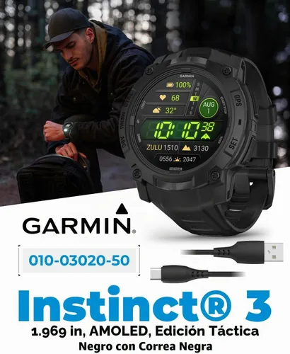 Vista 2 de Garmin Instinct 3 Edición Táctica, pantalla AMOLED, 50mm, Smartwatch GPS resistente para exteriores, soporte de balística aplicada, linterna LED
