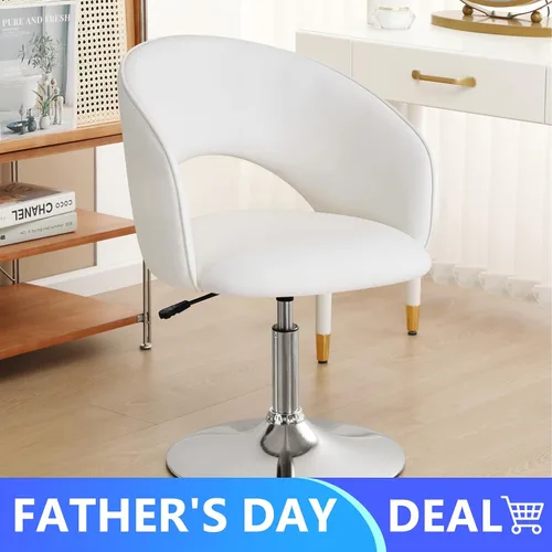 Vista 3 de Furnimart Silla de Tocador de Cuero Blanco, Taburete de Tocador con Altura Ajustable, Silla Giratoria con Respaldo, Silla Redonda de Maquillaje