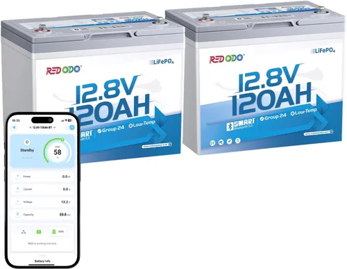 Vista 12 de Redodo LiFePO4 Batería inteligente Bluetooth 24V 50Ah TM baja temperatura, batería de litio integrada en 50Ah BMS, 10 años de vida útil, perfecta