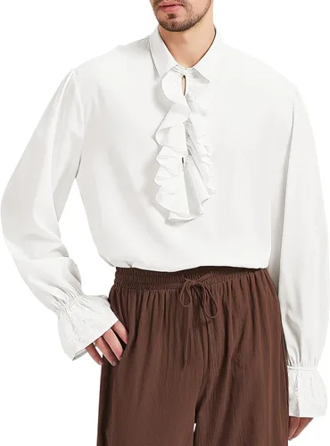 Vista 4 de American Trends Camisa pirata medieval renacentista para hombre, disfraz victoriano con volantes, steampunk, vampiro, gótico, tops de Halloween