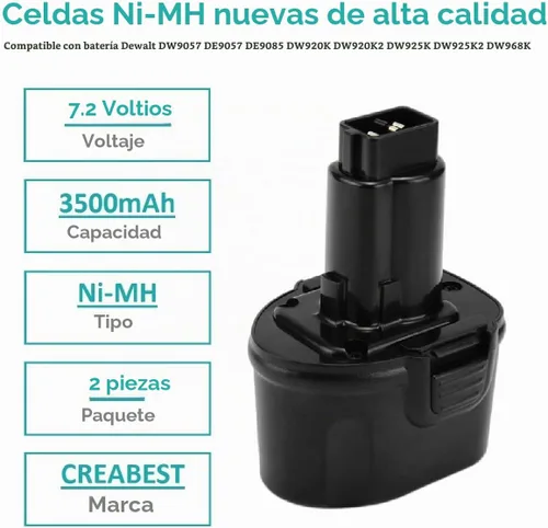 Vista 2 de CREABEST Paquete de 2 baterías de 3500 mAh 7.2 V compatibles con Dewalt