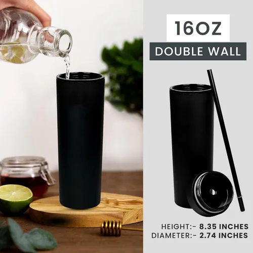 Vista 5 de SKINNY TUMBLERS - Paquete de 4 vasos de acrílico color pastel mate con tapa y popote, perfecto para el hogar, fiestas, viajes, vaso de plástico Negro