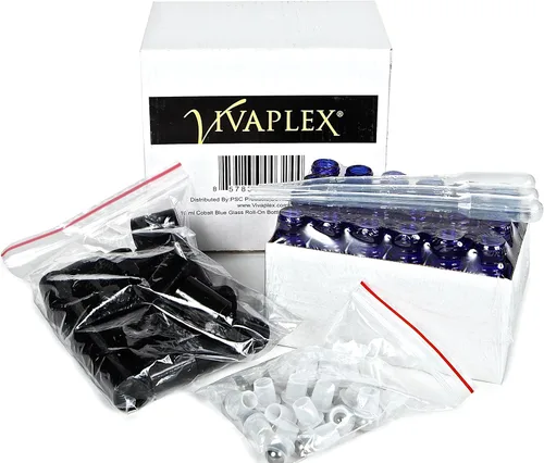 Vista 3 de Vivaplex, 24, azul cobalto, 0.35 onzas de vidrio con rodamiento, botellas con bolas de rodillos de acero inoxidable 3 cuentagotas incluidos