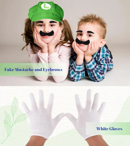 Vista 6 de PIIDUOO Mari Luigi - Disfraz de Halloween para niños, sombrero de Super Bros, guantes de bigote, accesorios de disfraces para niños y niñas, cosplay