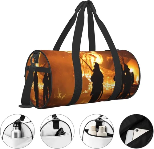 Vista 3 de Bolsa de viaje con cordones de fútbol americano, bolsa de viaje para el gimnasio, para hombres y mujeres, Bombero bombero llama, talla única