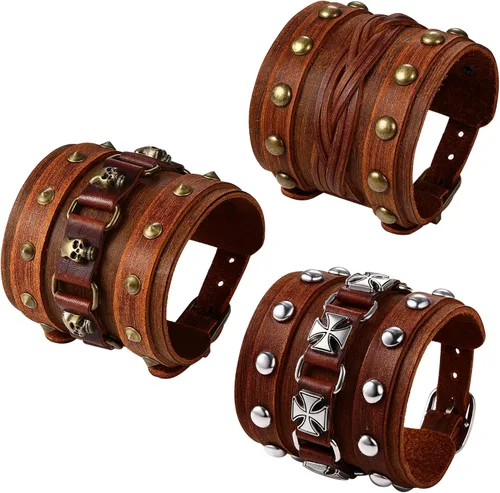 Vista 13 de OIDEA Assorted 3pcs Mens Punk Multistrand Leather Braided Bangle Cuff Bracelet for Biker Dad Father Size Adjustable