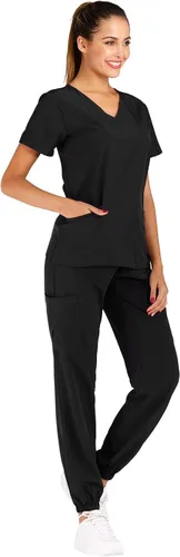 Vista 2 de Minty Mint Conjunto de uniforme médico elástico sólido para mujer con cuello en V pantalones deportivos cónicos tipo cargo