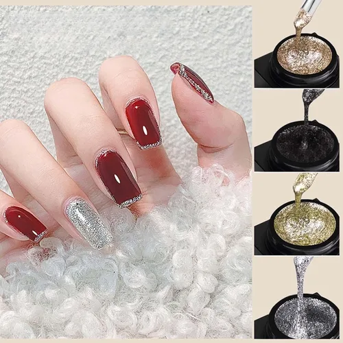 Vista 2 de Esmalte de uñas de gel con purpurina de metal plateado, 4 colores pintados de metal platino, esmalte de gel de dibujo dorado, plateado y negro