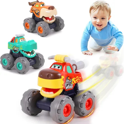 Vista 8 de iPlay, iLearn Juguete de camión monstruo de dinosaurio de 3 piezas, auto de tracción para bebé, camiones de construcción de dinosaurios Push Go