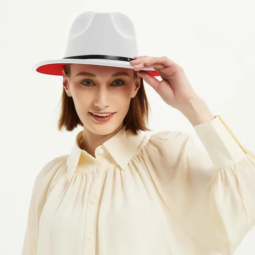 Vista 6 de Sombreros Fedora de ala ancha para mujeres y hombres, sombrero clásico de fieltro de Panamá para hombre, sombrero de vestir de dos tonos con hebilla
