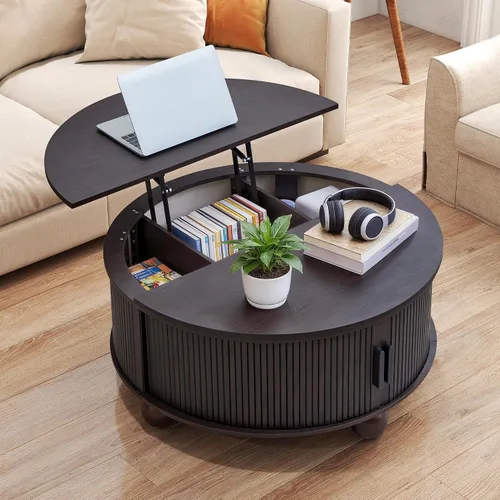 Vista 10 de Mesa de centro pequeña acanalada, mesa de centro de madera ovalada de estilo rústico de mediados de siglo, mesa central moderna estilo bohemio