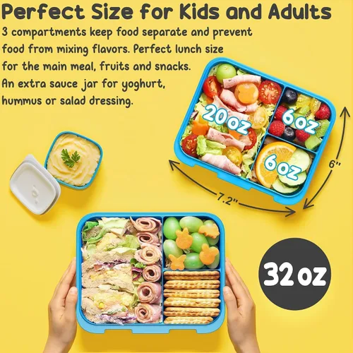 Vista 9 de Fimibuke Lonchera Bento para niños con tarro para alimentos, contenedor de almuerzo para snacks de 32OZ con 3 compartimentos, bolsa de almuerzo