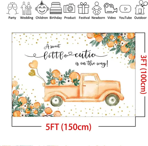 Vista 4 de Mocsicka A Little Cutie - Telón de fondo para baby shower, color naranja y camión, fondo de baby shower, tema mandarina, baby shower, para niña