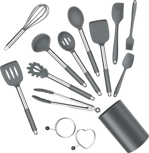 Vista 8 de E-far Juego de utensilios de cocina de silicona, 7 piezas de utensilios de cocina resistentes al calor con mango de acero inoxidable, espátula