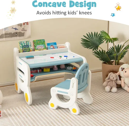 Vista 4 de Costzon - Juego de mesa y silla para bebé, escritorio de actividades de plástico con pizarra, bolígrafos de acuarela, borrador de pizarra y estante