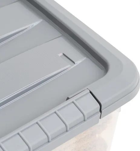 Vista 4 de Amazon Basics Contenedores de almacenamiento de plástico con tapas de cierre seguro, cubos organizadores apilables, transparente/gris, 12 cuartos