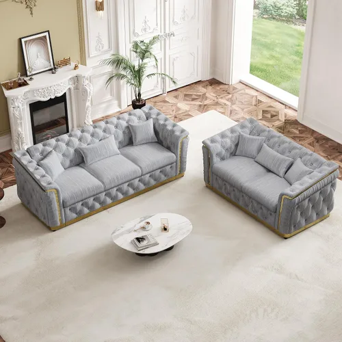Vista 34 de Sofá Chesterfield de terciopelo de 62.5 pulgadas con respaldo copetudo y detalles dorados, beige Blanco