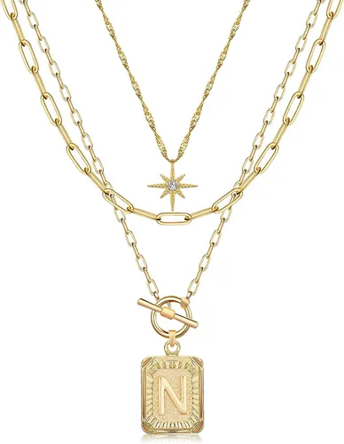 Vista 12 de MJartoria Collares con iniciales en capas para mujer, modernos, chapados en oro de 14 quilates, cadena de papel, collar sencillo con dije de Dorado