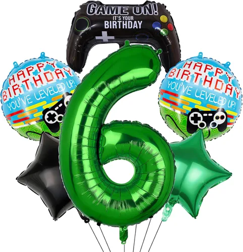 Vista 12 de 6 globos de videojuegos, controlador de videojuegos, globo de aluminio de tereftalato de polietileno con número de cumpleaños, suministros de fiesta