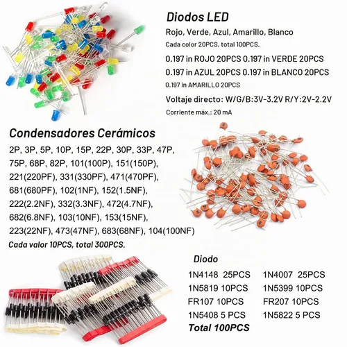 Vista 5 de Kit de 1400 piezas de componentes electrónicos básicos, condensador electrolítico, condensador cerámico, diodo LED, diodo común, resistencia