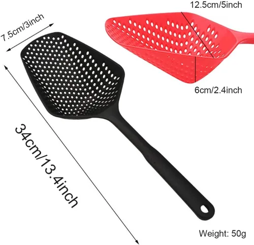 Vista 2 de Colador de nailon para cocina, cuchara espumadera con mango largo, coladores de pala de drenaje, palas con fugas de agua, coladores de pala
