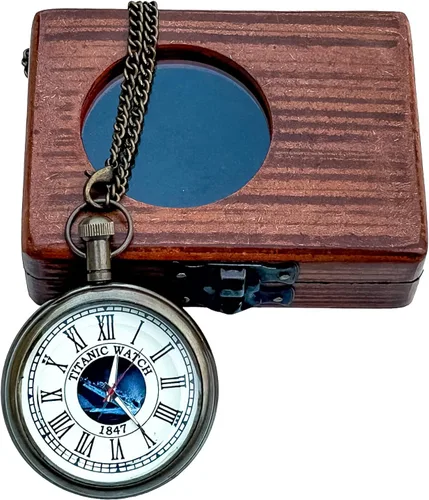 Vista 3 de Generic Hassanhandicrafts Reloj de bolsillo de latón antiguo antiguo con esfera de barco Titanic con caja de madera