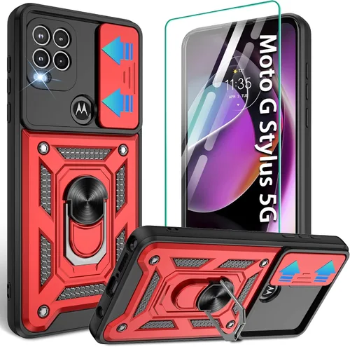 Vista 59 de Gritup Funda para Moto G Stylus 5G-2021 con cubierta deslizante para cámara 1 paquete de protectores de pantalla HD Soporte de metal giratorio