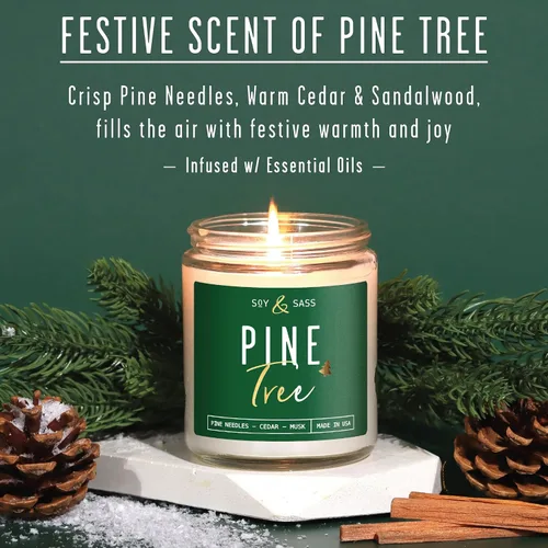 Vista 2 de Vela de pino, velas perfumadas de pino, velas de Navidad perfumadas – Vela de soja 'Pine Tree', con agujas de abeto, cedro cálido y sándalo