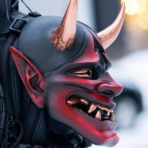 Vista 4 de Máscara de samurai japonés Oni Hannya para Halloween, máscara de demonio de media cara, NOH Kabuki Prajna Devil Half Face Mask Cosplay