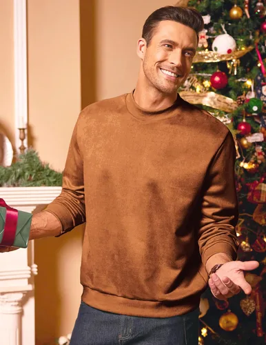 Vista 2 de COOFANDY Sudadera de cuello redondo para hombre, diseño estético de gamuza y manga larga