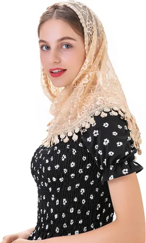 Vista 4 de Triángulo Flor Capilla Velos Católico Latino Masa Cabeza Cubierto de Encaje Bufanda Mantilla Velos para Iglesia