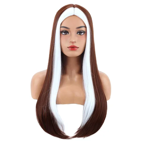Vista 7 de Beron Peluca de pelo largo recto de 20" para disfraz de cosplay con gorro de peluca (naranja oscuro)
