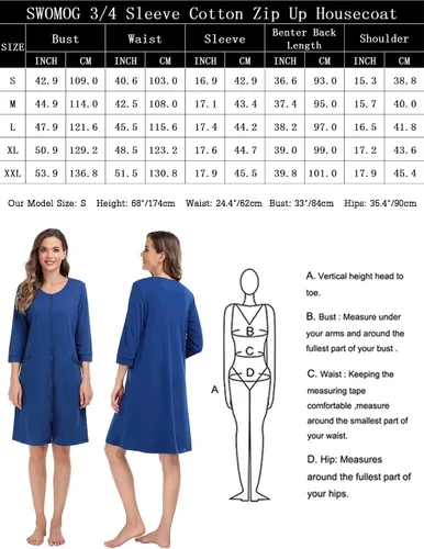 Vista 5 de SWOMOG Bata con cremallera para mujer, manga 34, suave algodón con cremallera frontal, camisón con bolsillos