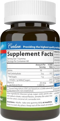 Vista 7 de Carlson - Gomitas de vitamina D3, 1000 UI (25 mcg), salud ósea, apoyo inmunológico y absorción de calcio, sabores naturales de frutas, 60 gomitas