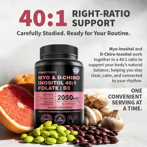 Vista 8 de Myo-inositol 40:1 para mujeres – Suplemento de inositol con mio y D-Chiro inositol, folato y vitamina D3 – Cápsulas veganas para rutina diaria