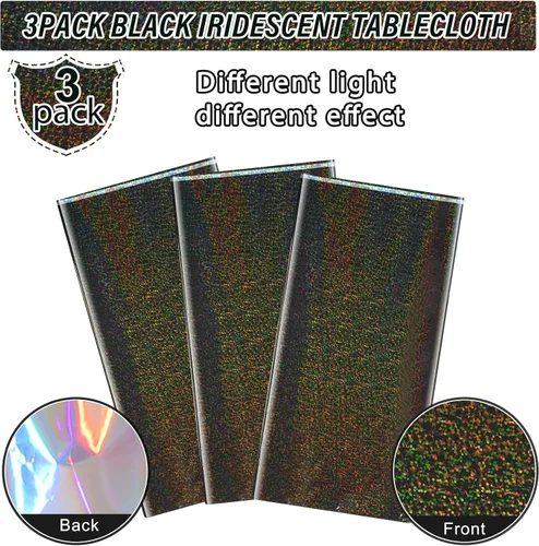 Vista 4 de Paquete de 3 manteles de plástico negro iridiscente, manteles rectangulares desechables con láser, mantel de lámina holográfica para Halloween