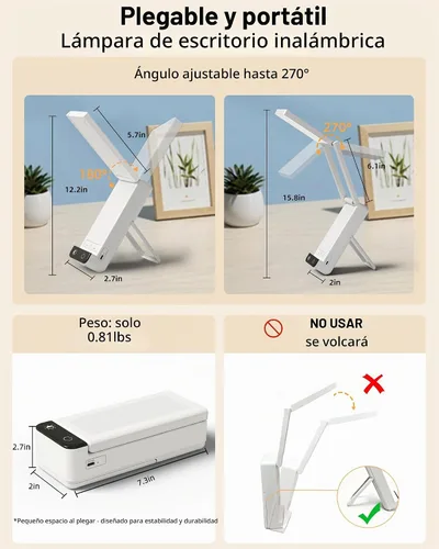 Vista 5 de EZVALO Lámpara de escritorio recargable, batería de 6000 mAh, lámpara de mesa inalámbrica para lectura de libros, mini lámparas plegables y Blanco