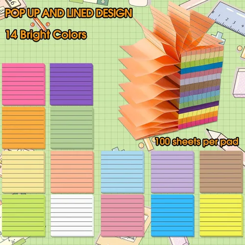 Vista 3 de 14 blocs de notas adhesivas desplegables, 1400 notas adhesivas forradas de 3 x 3 pulgadas, bloc de notas autoadhesivas con líneas, multicolor