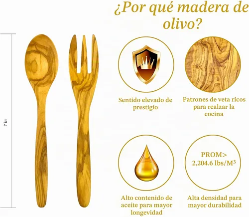 Vista 2 de WONDERFUL Tenedor de madera de olivo 100% natural, cubiertos de madera natural reutilizables de 7 pulgadas, hechos a mano, perfectos para postres