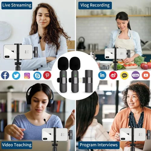 Vista 7 de Micrófono de solapa profesional inalámbrico Lavalier para iPhone, iPad, micrófono de grabación de condensador omnidireccional inalámbrico